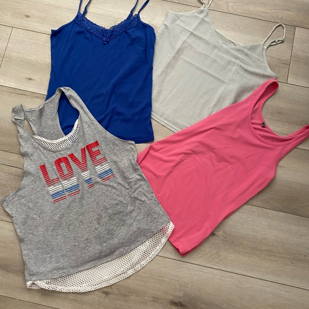 L/XL Mixed Lot of 4 Tank Top/Cami Silver, Gray “Love,” Royal Blue and Pink
